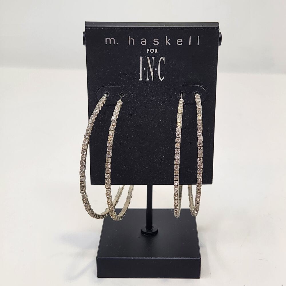 M Haskell for Inc Clear Crystal Large 2" Hoop Earrings Set of 2 Silver Tone New